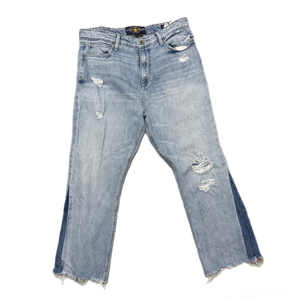 Lucky Brand Bridgette Cropped Flare Distressed Jeans Side Stripe Size 10/30